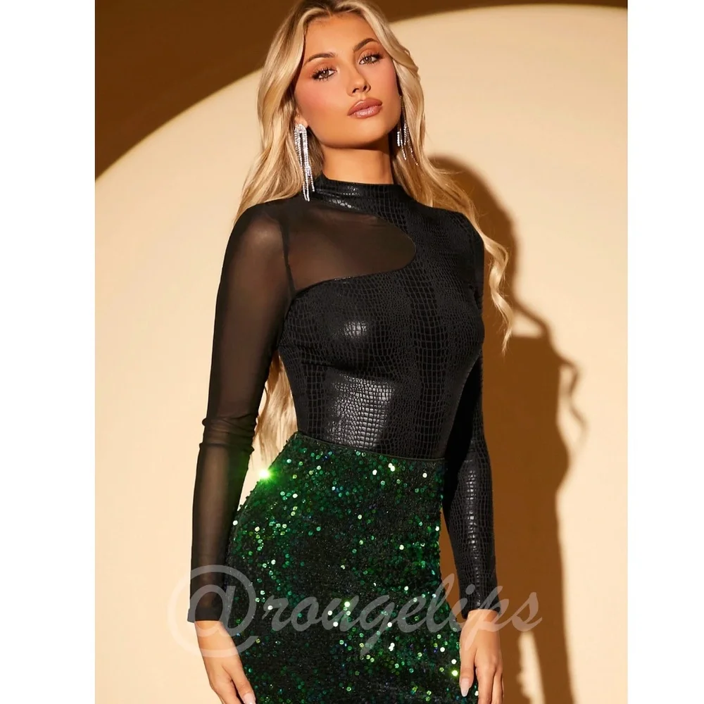 Black Reptile Pattern Textured Mesh Insert Asymmetrical Long Sleeve Tee Shirt - Picture 5 of 8